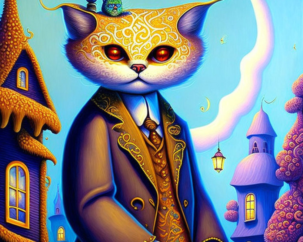 Anthropomorphic cat in suit with whimsical background and tiny cat.