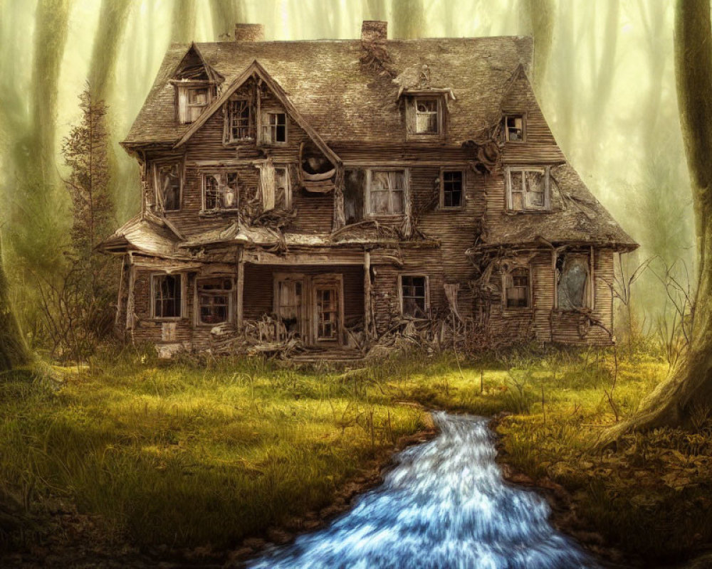 Abandoned wooden house in misty forest with stream