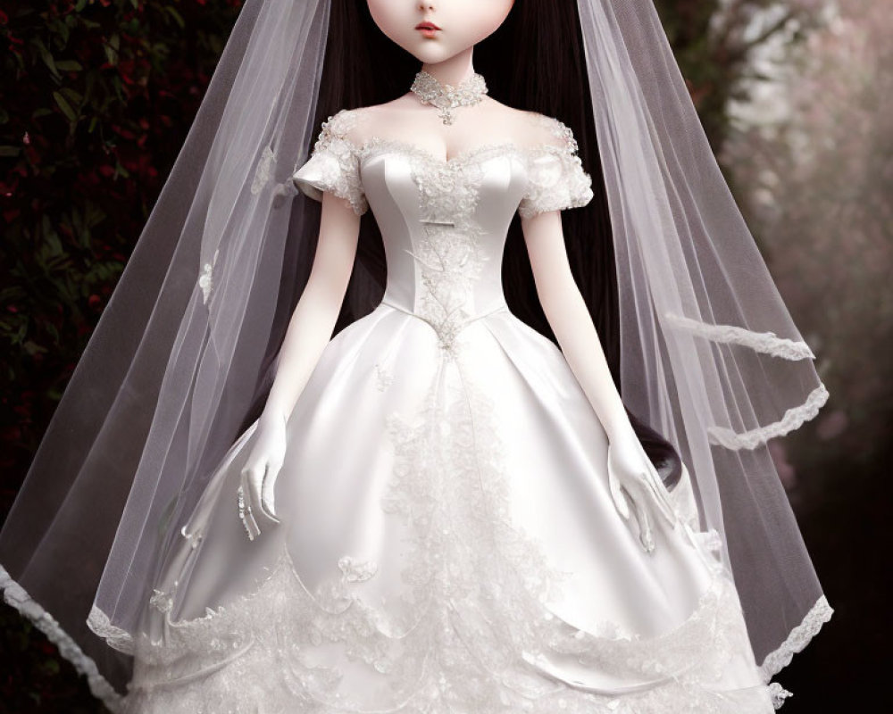 Porcelain doll in white wedding dress with red eyes against floral backdrop