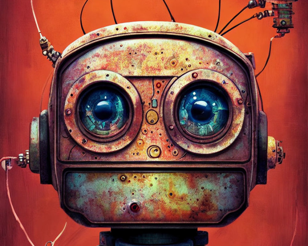 Vintage-Style Robot with Expressive Eyes and Small Companions on Orange Background