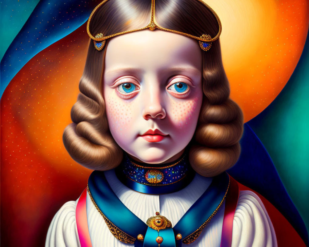 Colorful surreal portrait of child in regal attire with large eyes