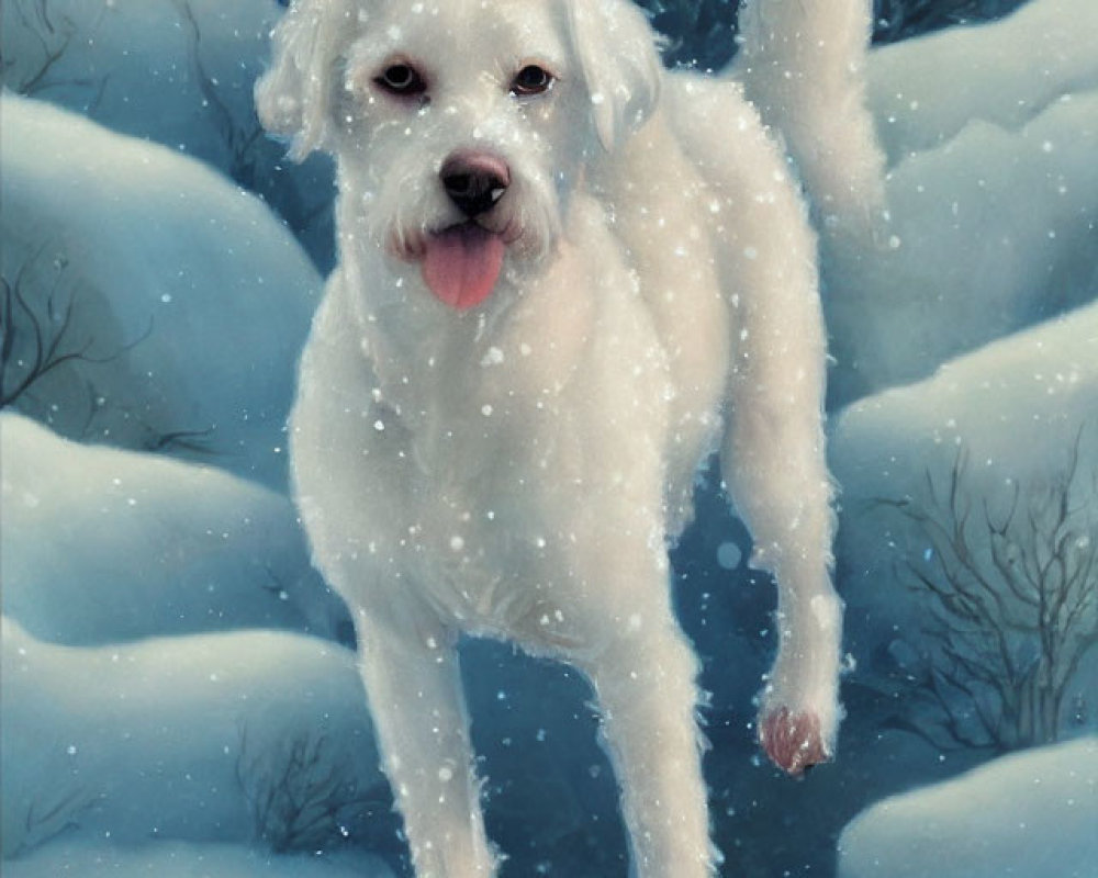 Fluffy white dog in snowy landscape with falling snowflakes