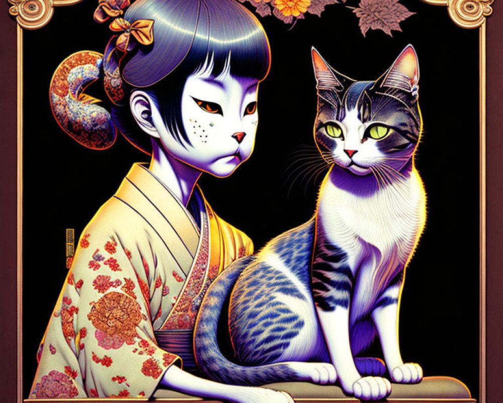 Stylized illustration of girl with blue hair in kimono with cat, ornate floral details &