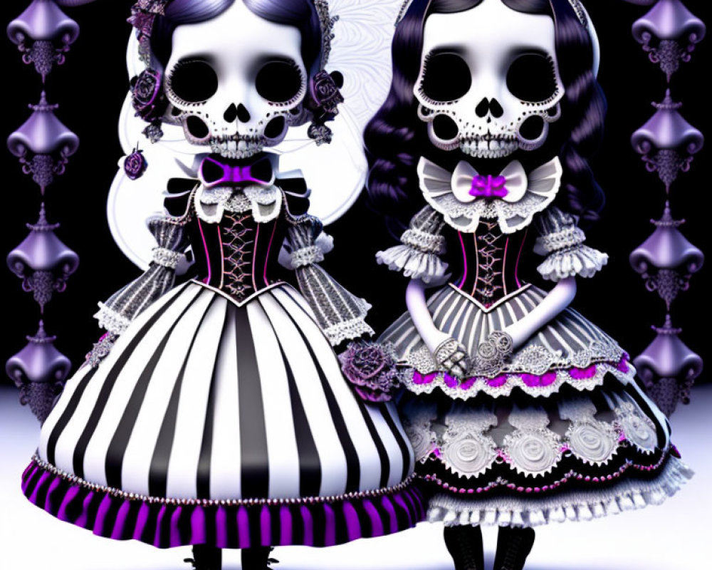 Stylized skull-faced characters in gothic Lolita attire on patterned background