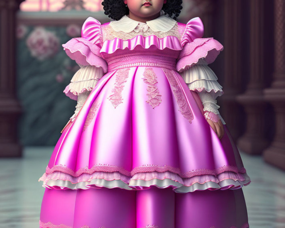 Victorian-era doll in pink and white dress with solemn expression in elegant hallway