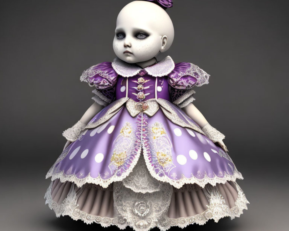 Detailed 3D illustration of a doll in ornate purple and gold dress