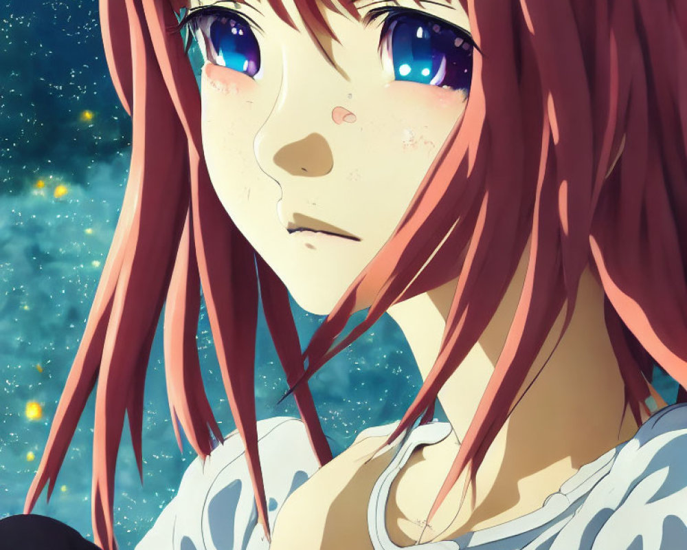 Pink-Haired Anime Girl with Blue Eyes in Thoughtful Pose