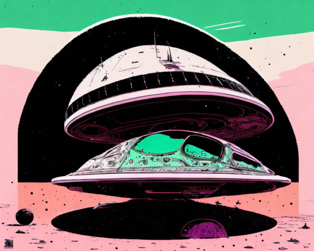 Stylized retro UFOs image with vivid colors and celestial backdrop