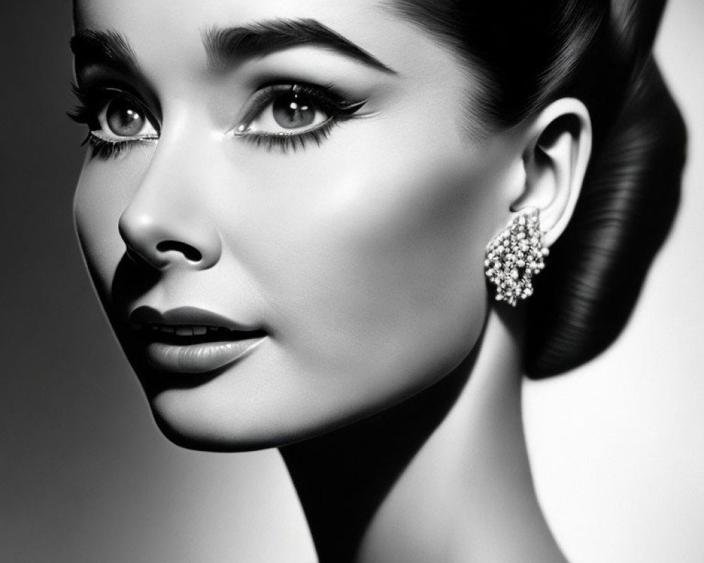 Vintage-inspired monochrome portrait of a woman with arched eyebrows and winged eyeliner.