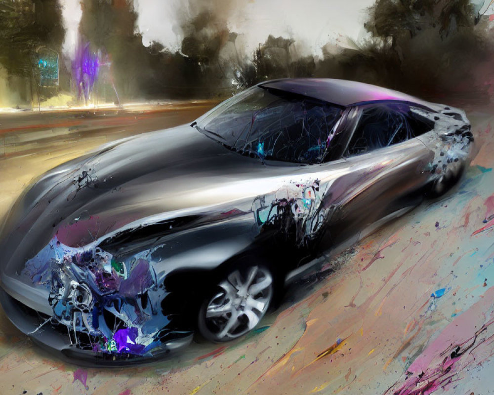 Abstract Futuristic Car Digital Painting with Reflective Black Surface