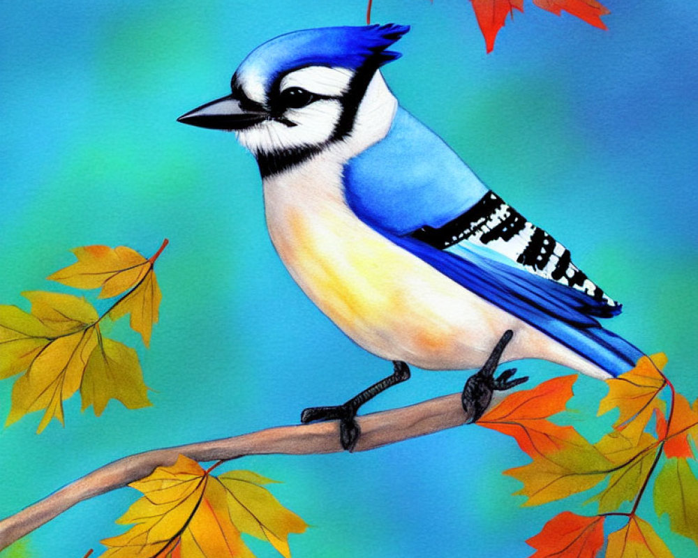 Colorful Blue Jay Perched on Autumn Branch