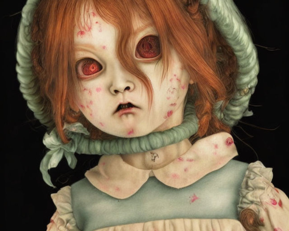 Digital Artwork: Creepy Girl with Red Eyes and Vintage Dress