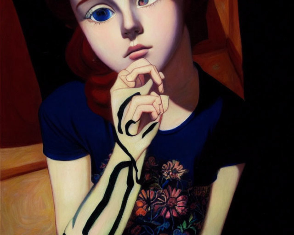 Portrait of young girl with red hair and blue eyes in floral dress and blue top