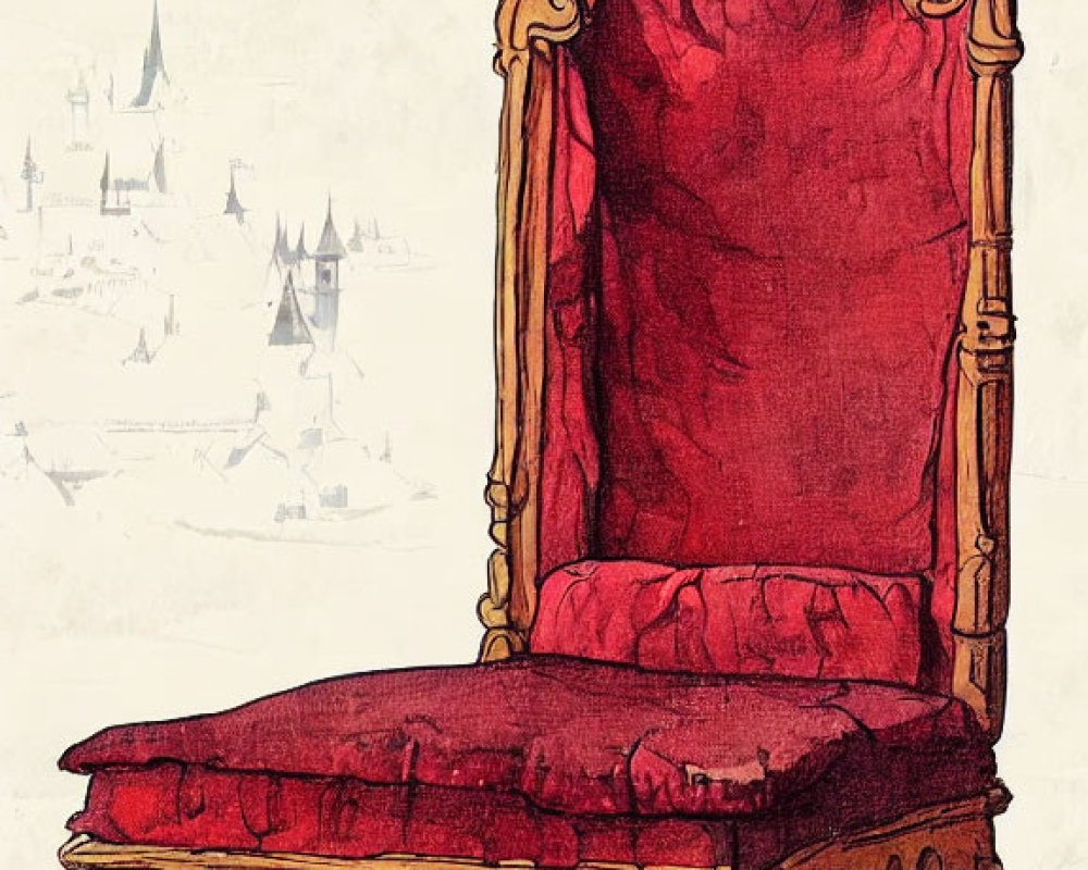 Vintage red upholstered chair with wooden frame and castle illustration in the background