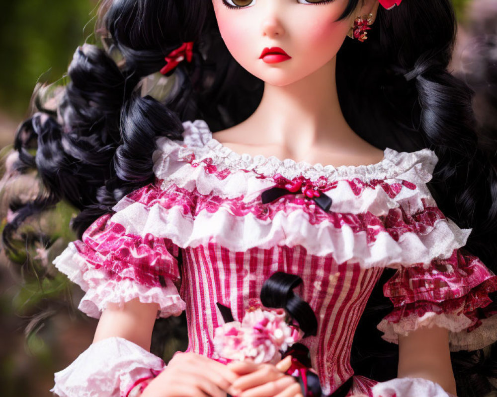 Big-eyed doll with black curled hair in pink and white dress holding a floral accessory