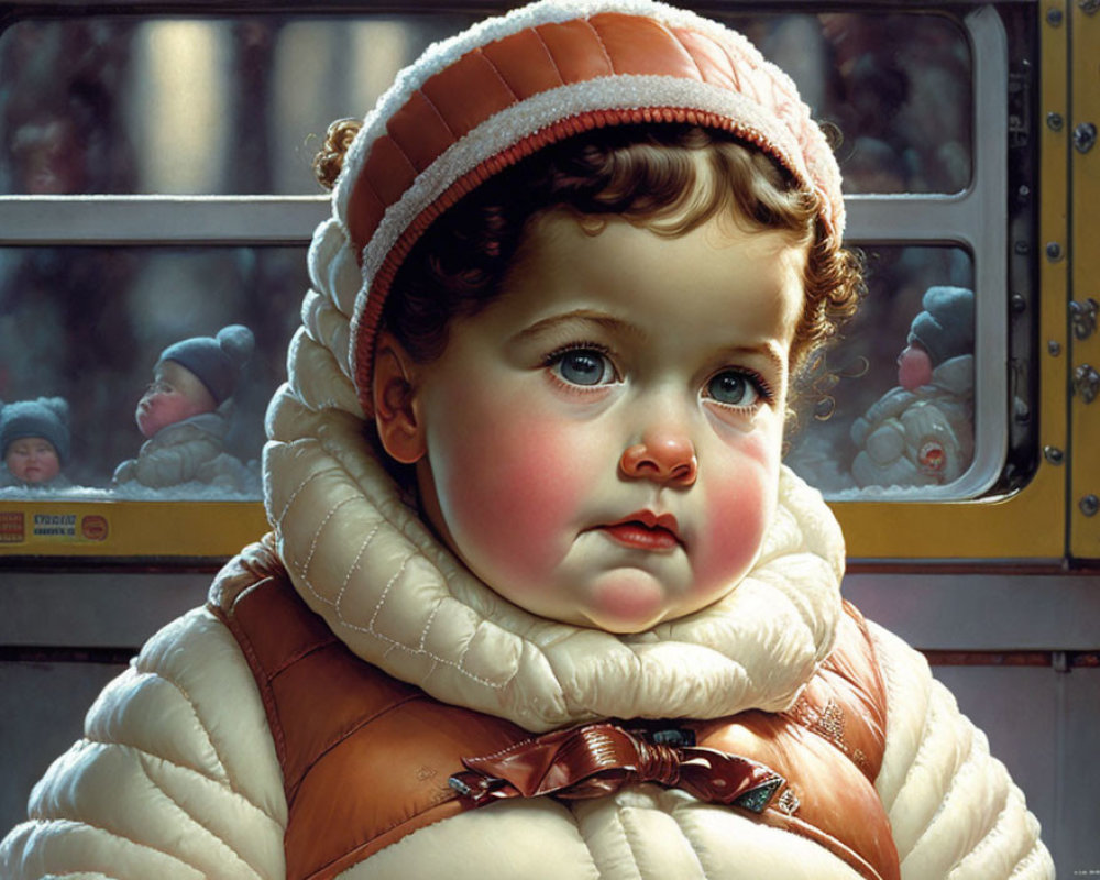 Realistic illustration of bundled child by bus