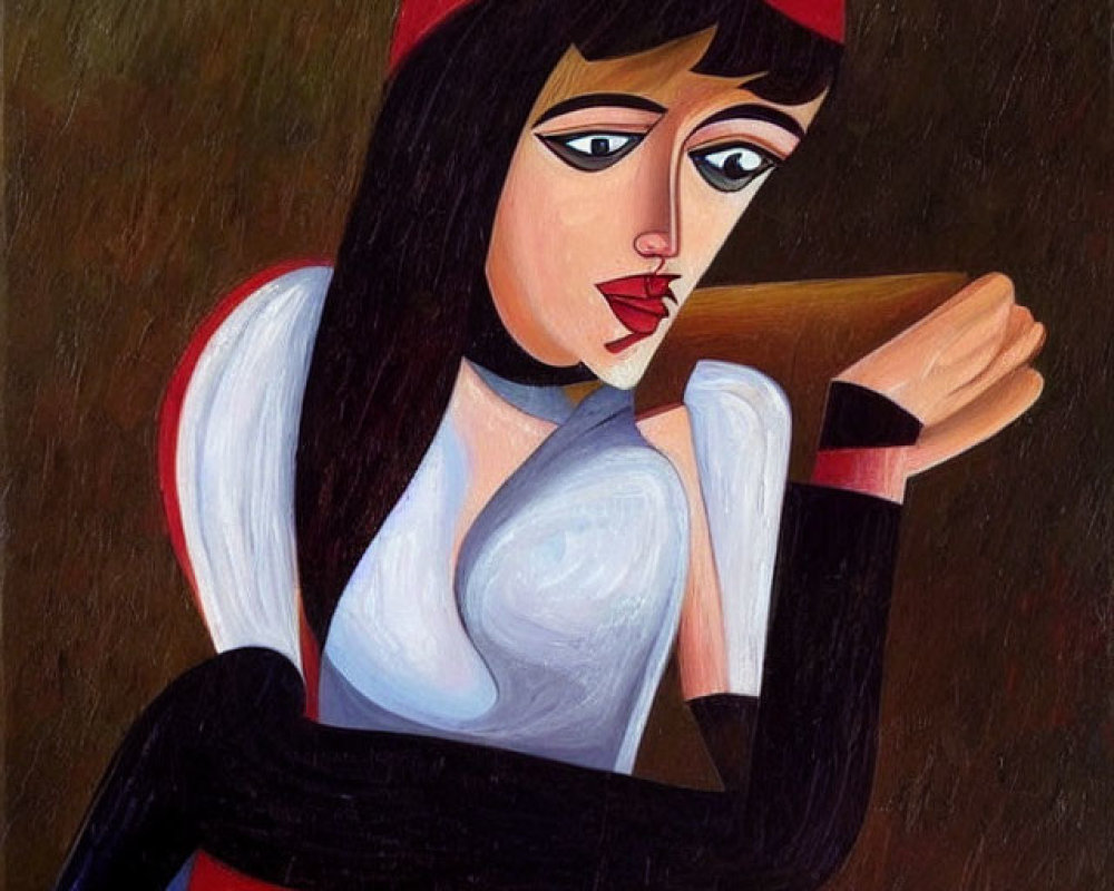 Stylized painting of seated person in red hat and red pants