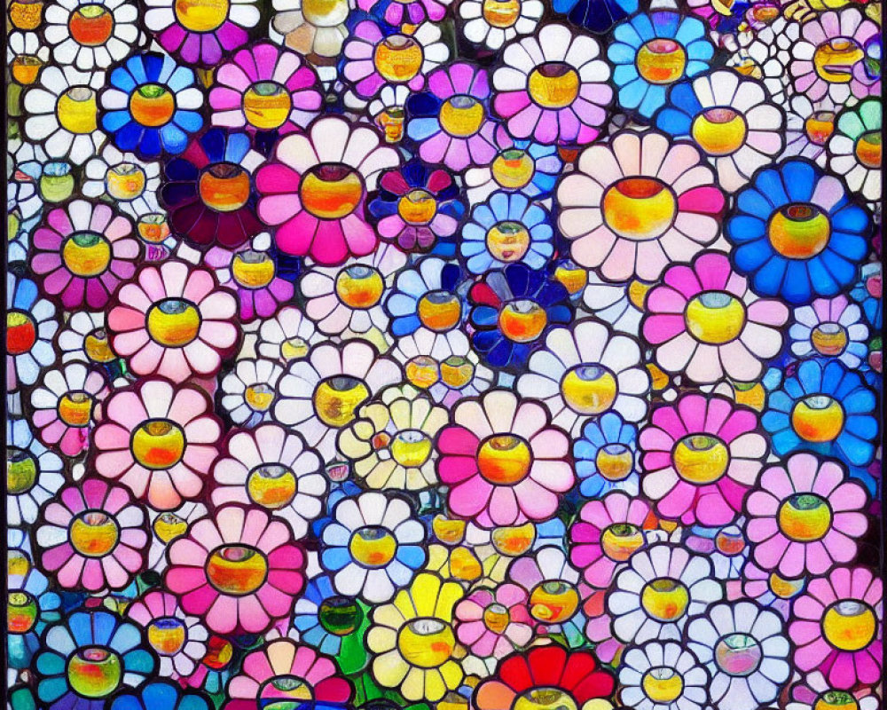 Colorful Stained Glass Artwork with Multicolored Flower Pattern