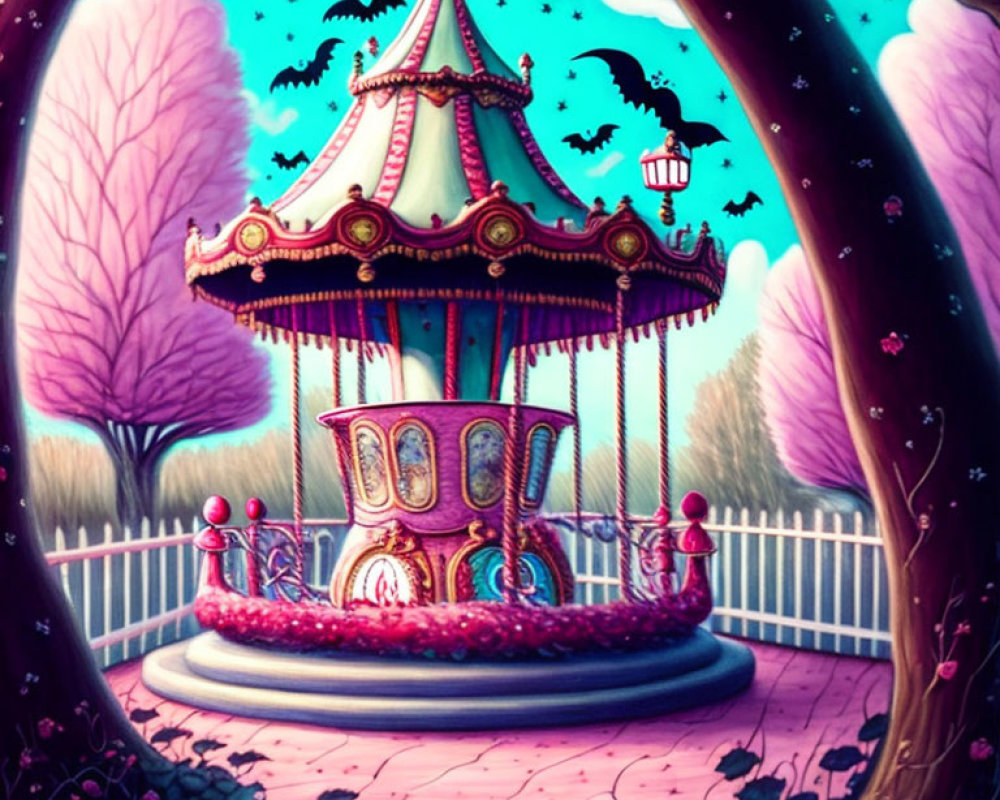 Ornate carousel with pink foliage and bats in dusk sky