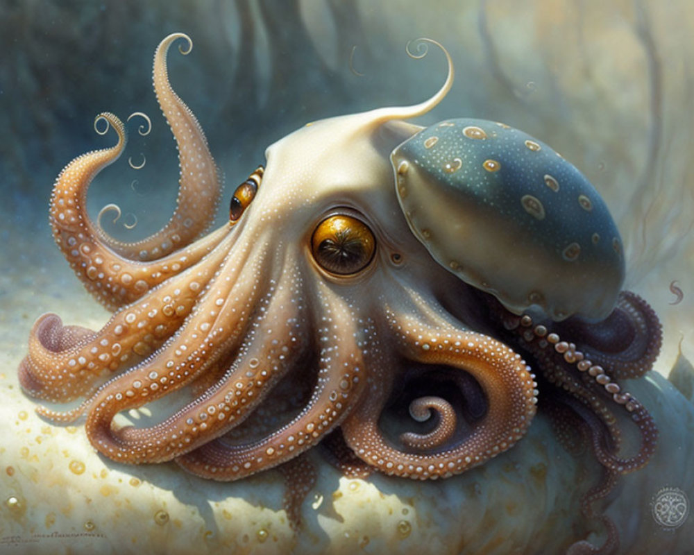 Detailed illustration of textured octopus with swirling tentacles and amber eyes