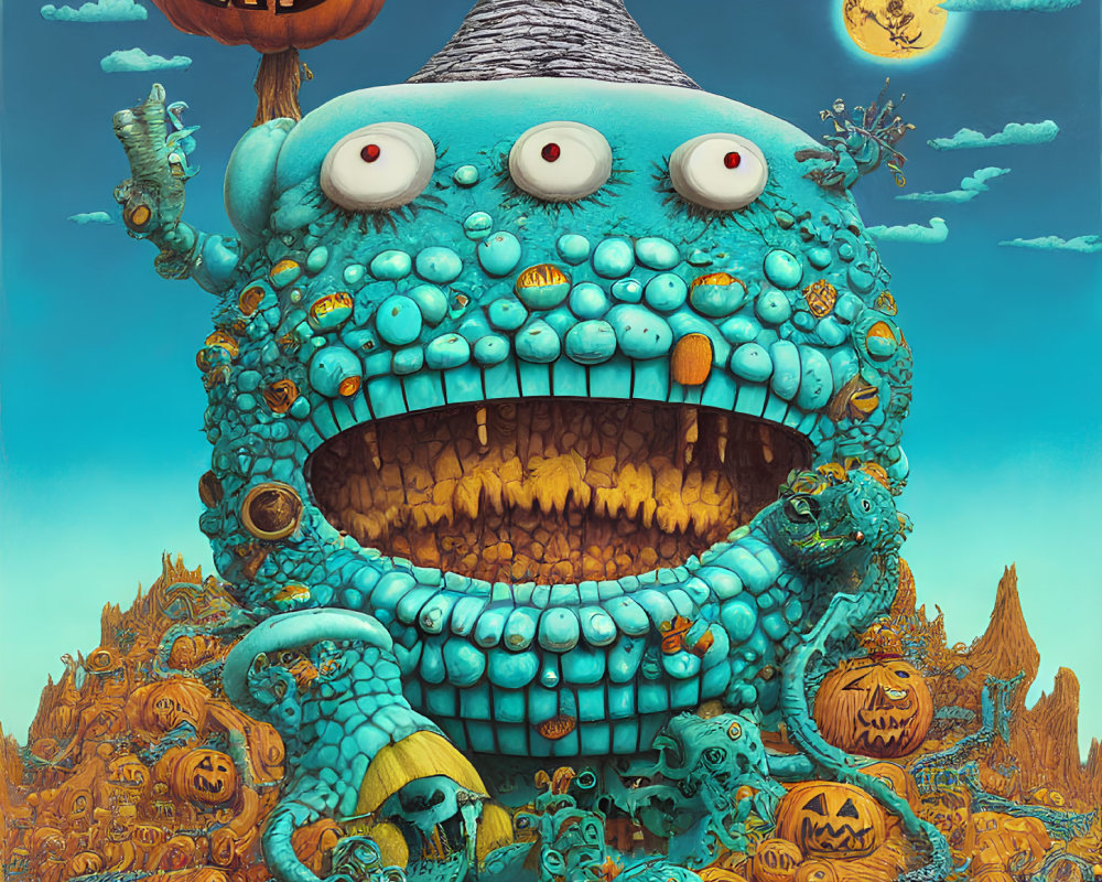 Blue monster with multiple eyes and sharp teeth in Halloween landscape