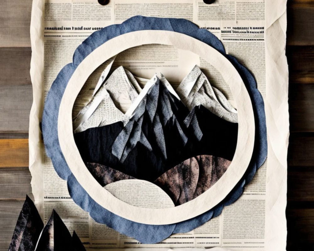 Mountain landscape paper art on newspaper background in circular frame.