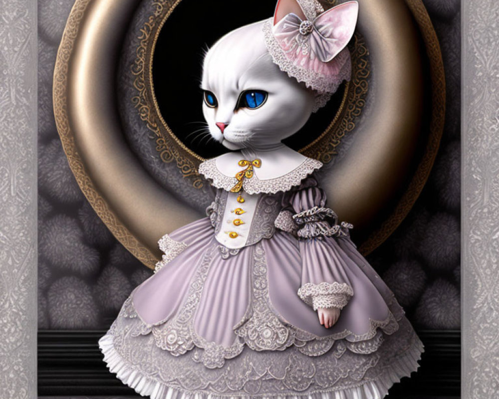 White Cat in Victorian Gown with Mirror Reflection