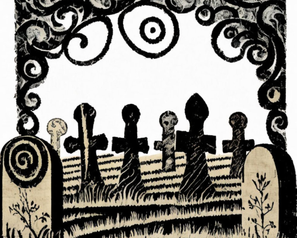 Silhouetted Figures Among Tombstones Under Ornate Frame