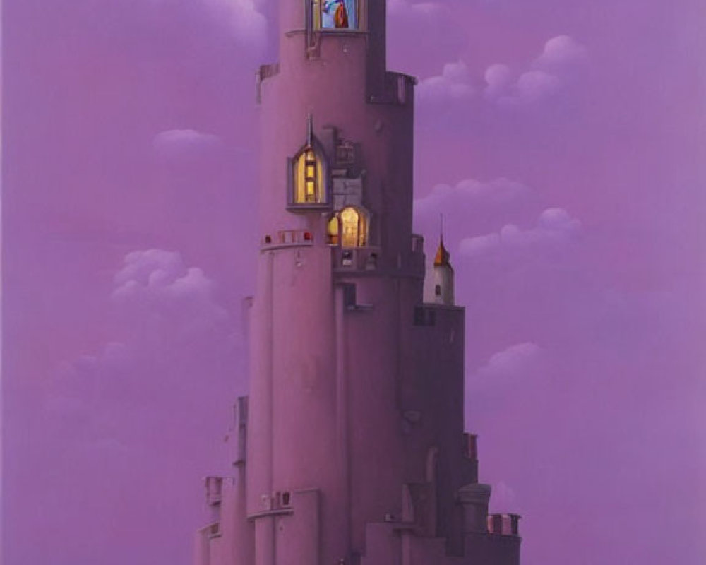 Whimsical pink tower with golden crescent moon in purple sky