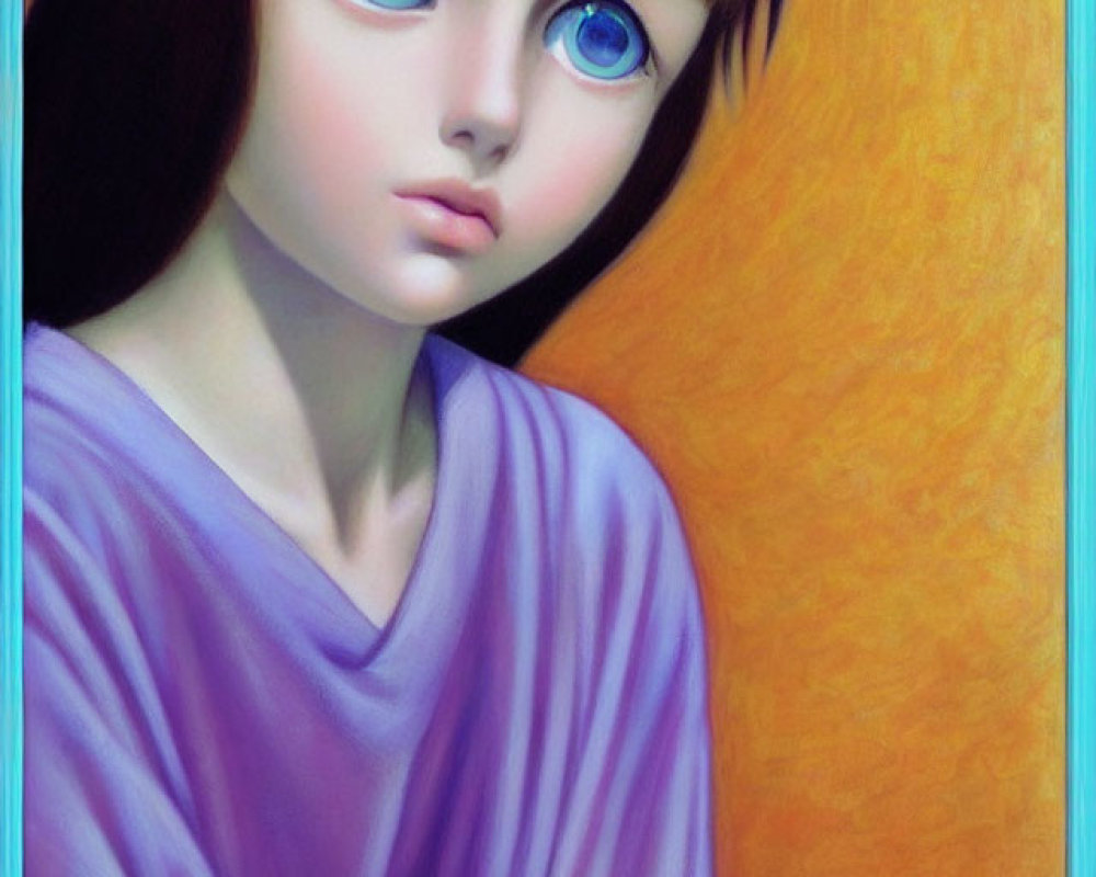 Stylized image of girl with large blue eyes and dark hair in purple garment