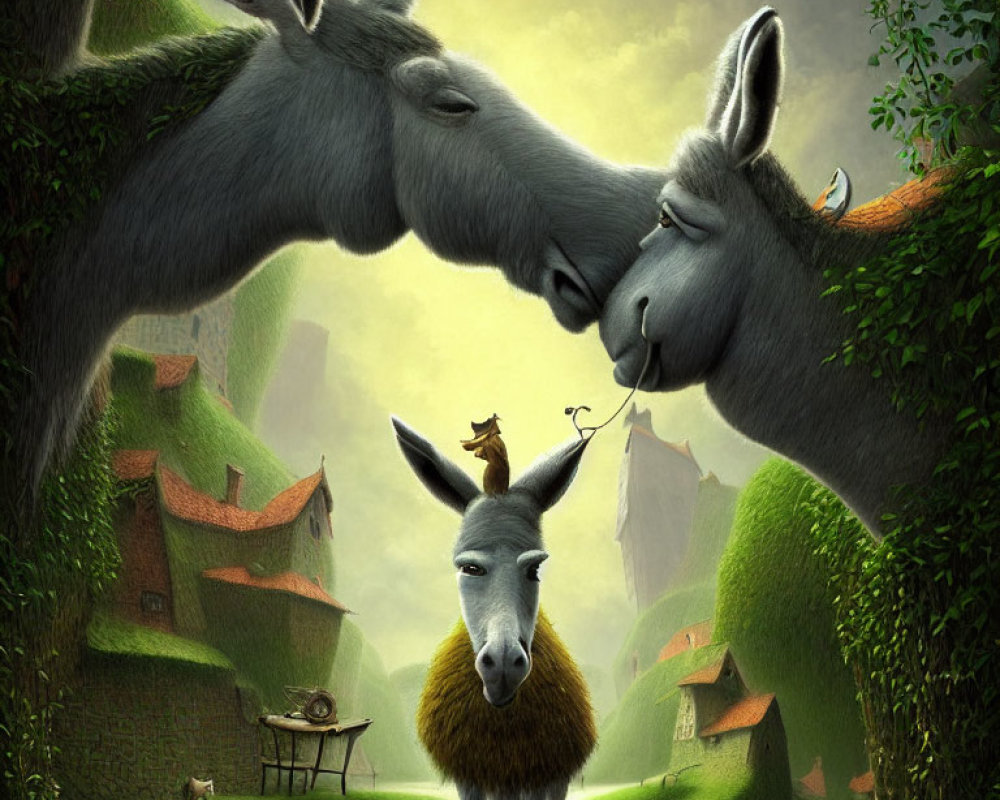 Whimsical village scene: Animated donkeys nuzzle forming heart shape.