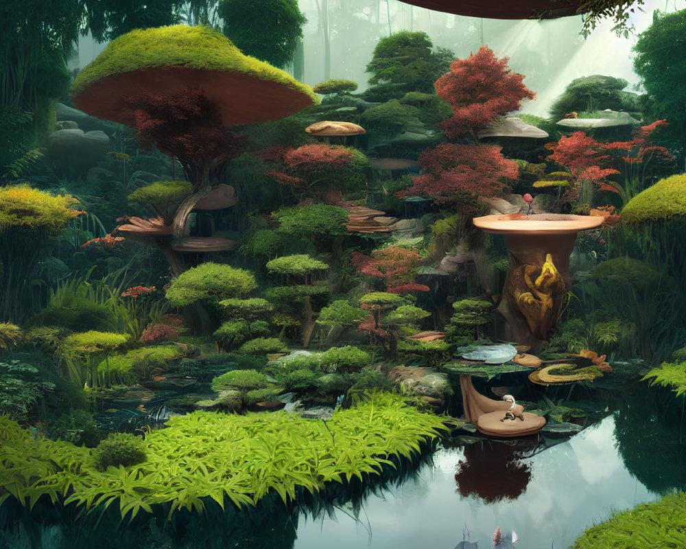 Mystical forest with red trees, oversized mushrooms, and reflecting pond