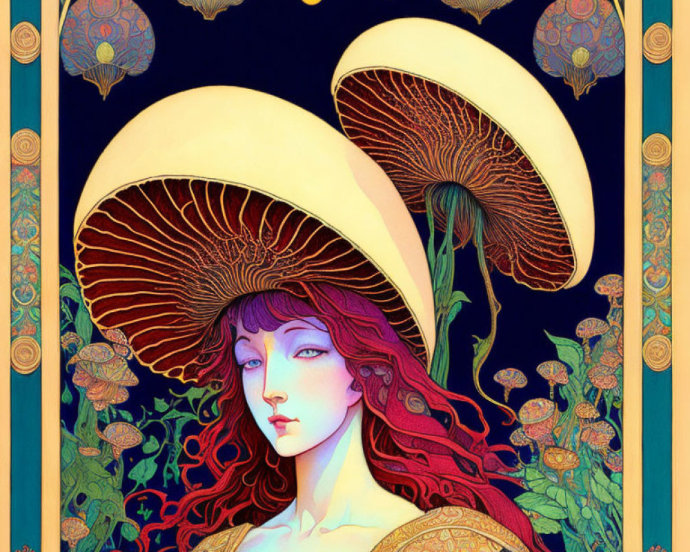 Illustration of red-haired woman with mushroom hat in floral and fungal setting