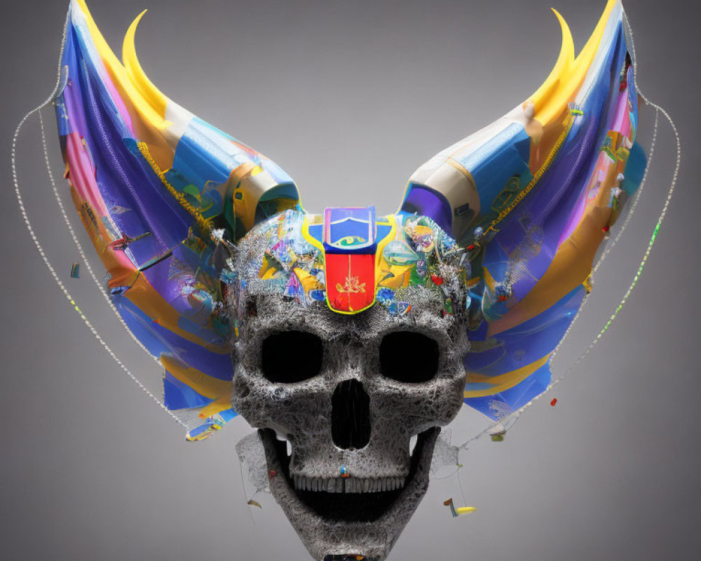 Colorful Twisted Horns Skull with Festive Ornaments and Shield Crest