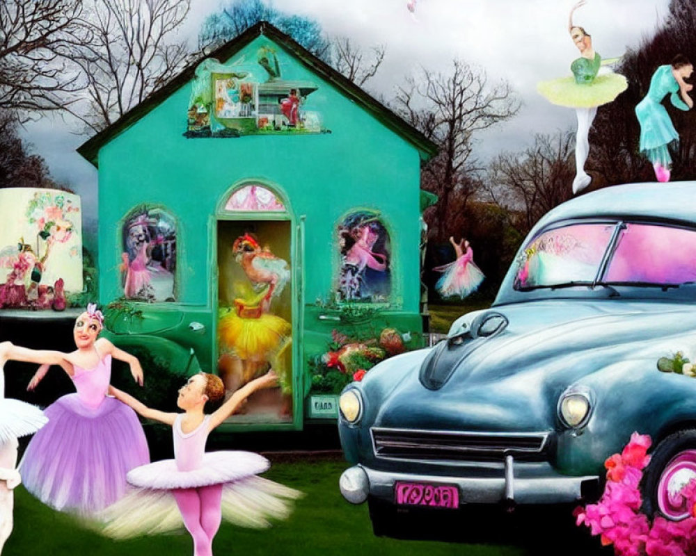 Colorful ballerinas, classic car, and whimsical house with fairy figures in vibrant scene