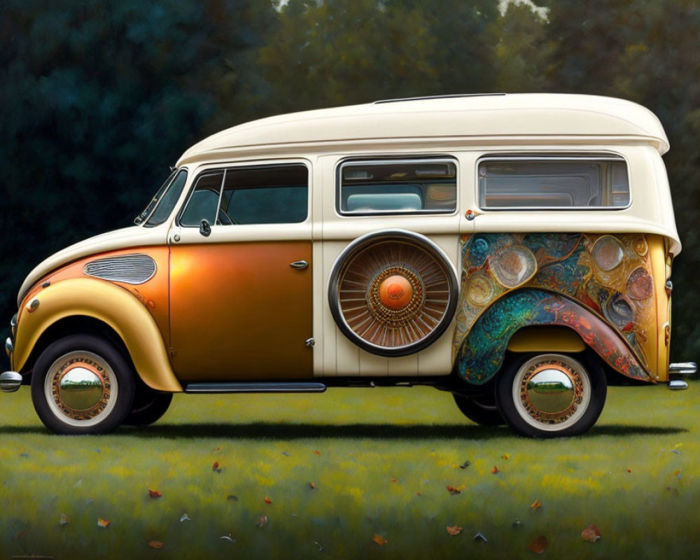 Vintage van with two-tone paint job and colorful abstract design against lush greenery.