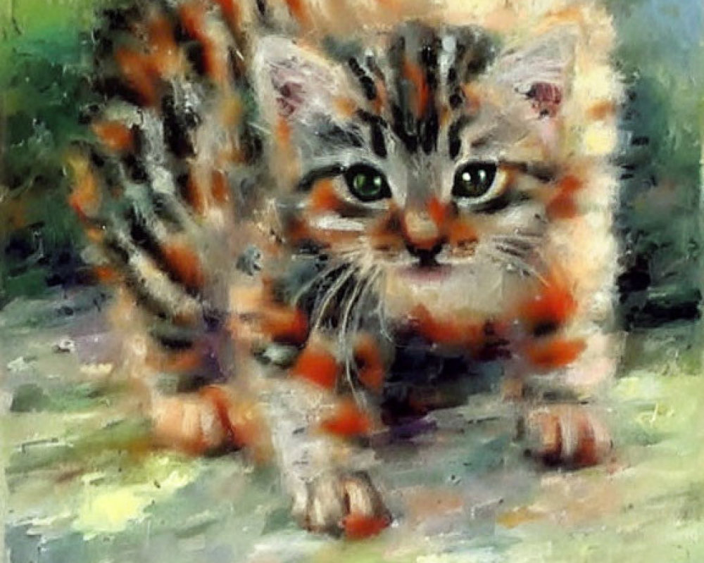 Vintage-Style Painting of Fluffy Tabby Kitten on Colorful Background