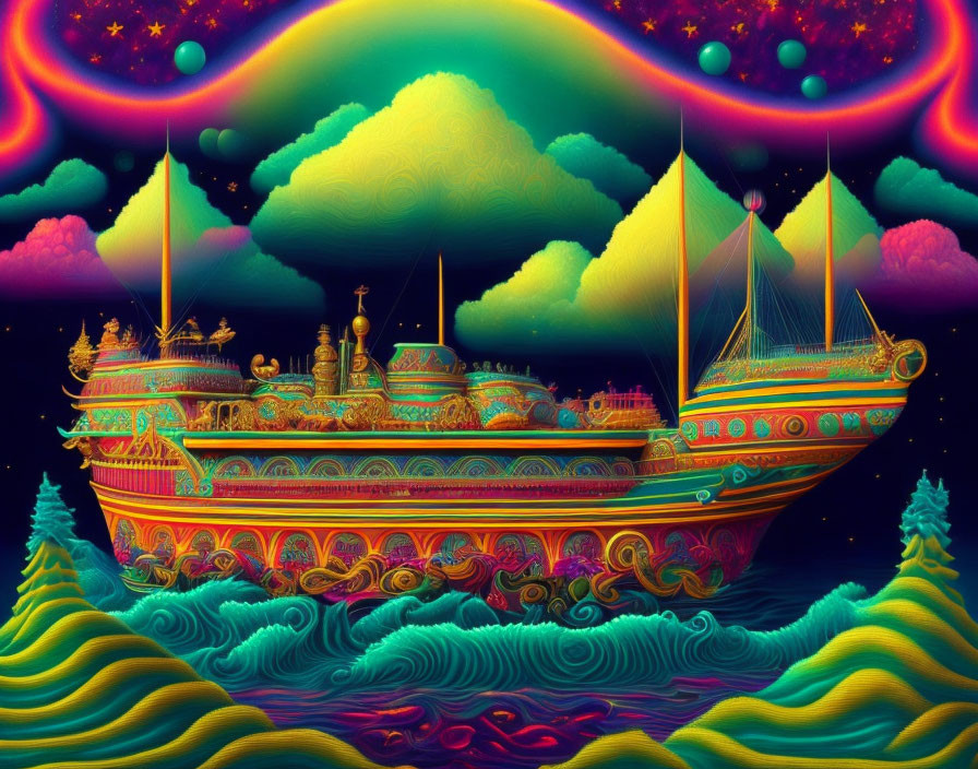 Colorful psychedelic artwork of ornate ship sailing on wavy seas under starry sky