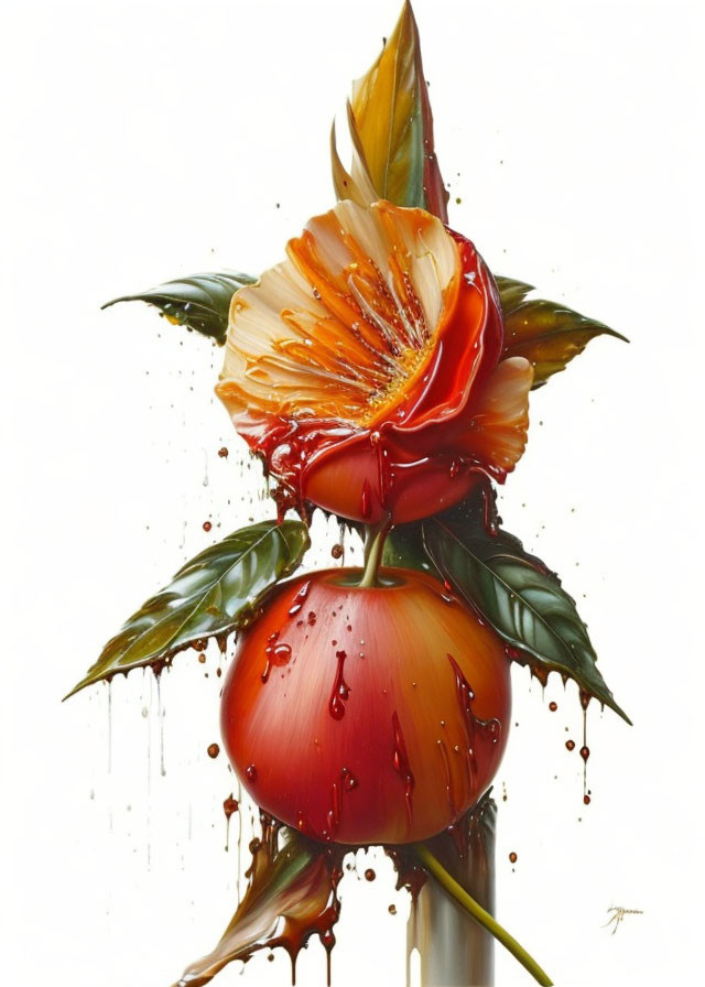 Hyper-realistic painting: Red and yellow flower merged with juicy tomato, detailed water droplets.