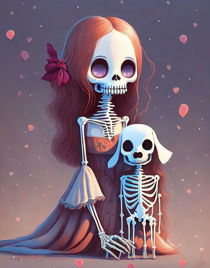 Stylized illustration of skeletal girl with skull head and pink hearts