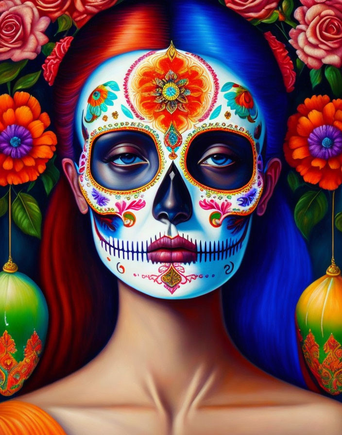 Person with vibrant sugar skull makeup, blue hair, and floral backdrop for Day of the Dead.