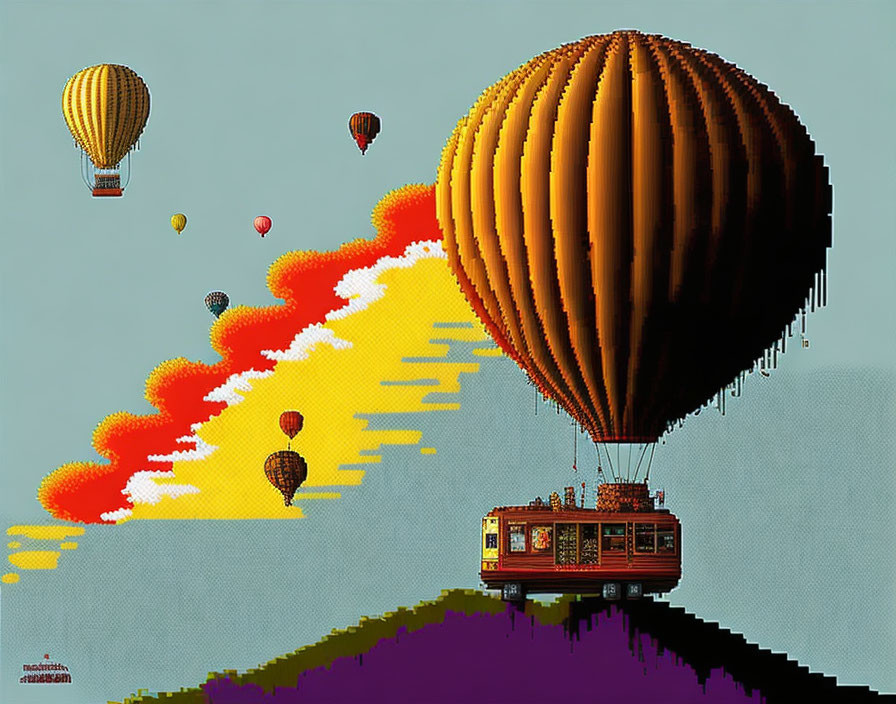 Colorful Pixel Art Hot Air Balloon Festival with Unique Flame Design