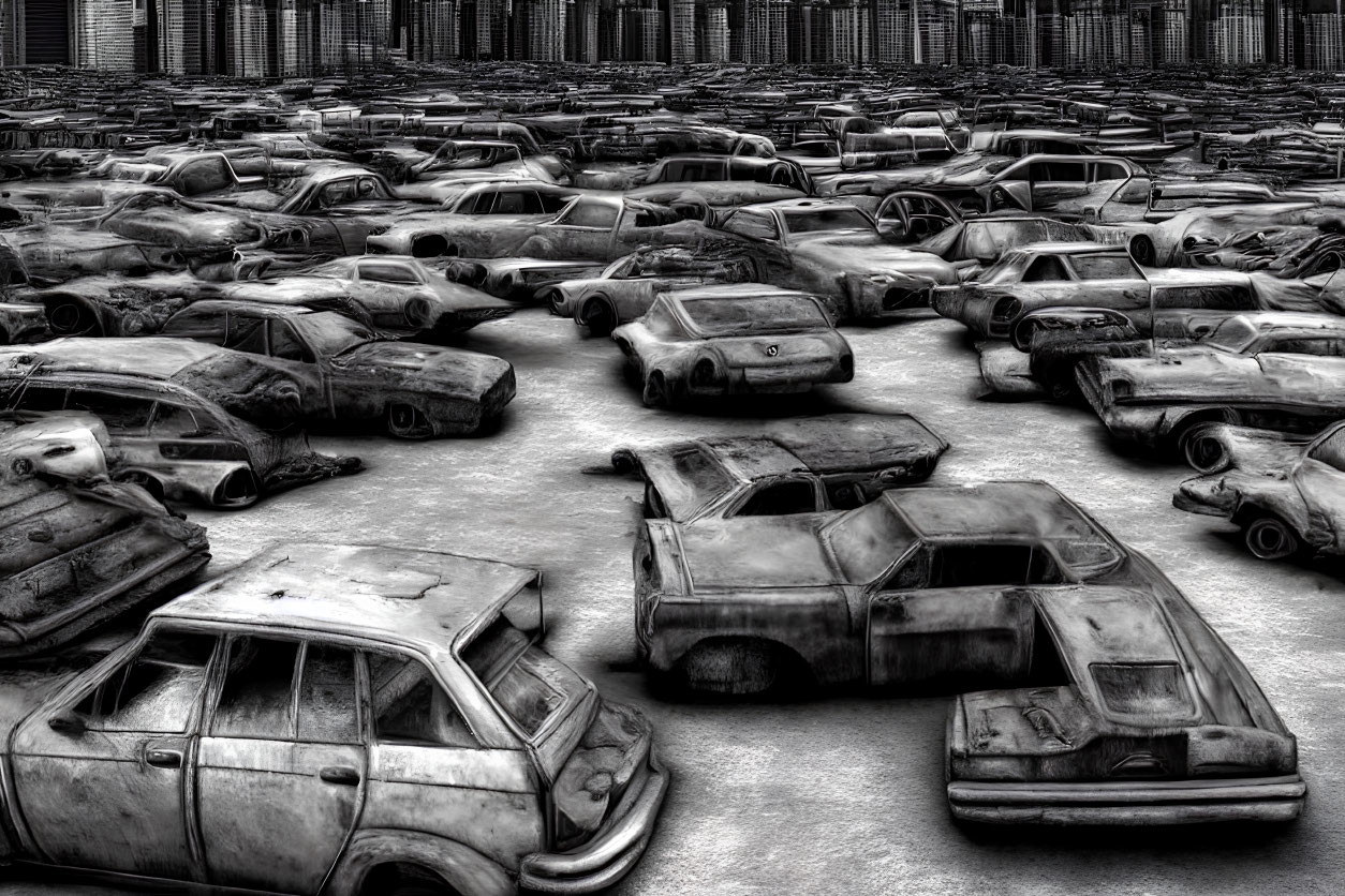 Rusted cars in dramatic monochrome filter showcase decay