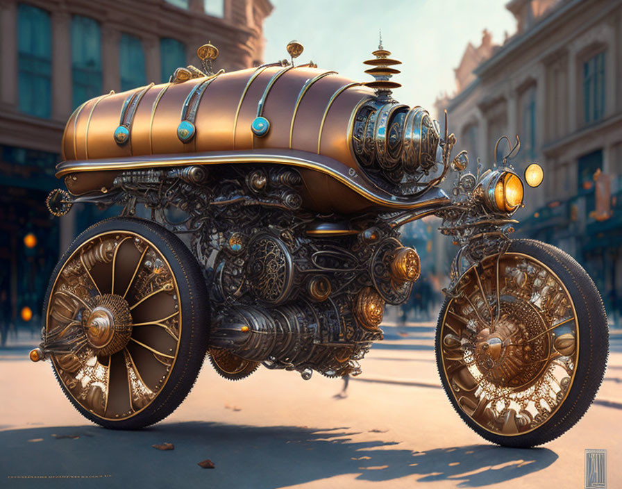 Steampunk-style Motorcycle with Copper and Brass Tones on Urban Street