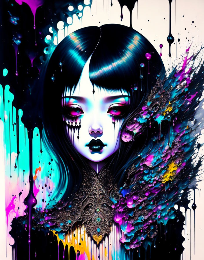 Colorful Stylized Girl Artwork with Dark Hair