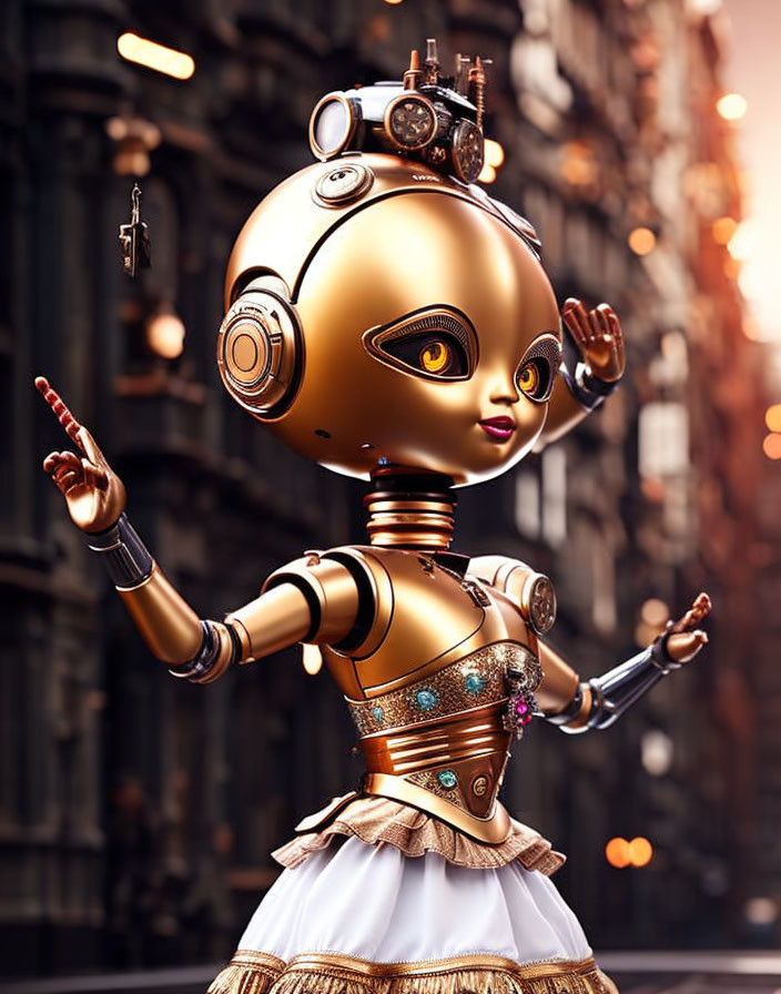 Golden-headed robot with articulated limbs and jewelry in urban setting