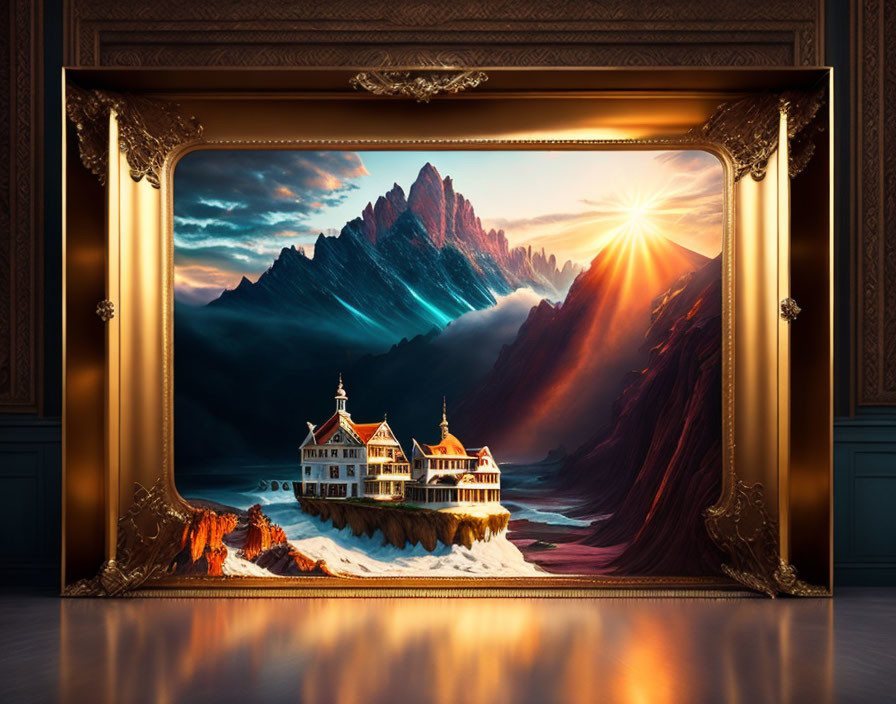 Scenic sunrise painting of mountain landscape with lakeside house