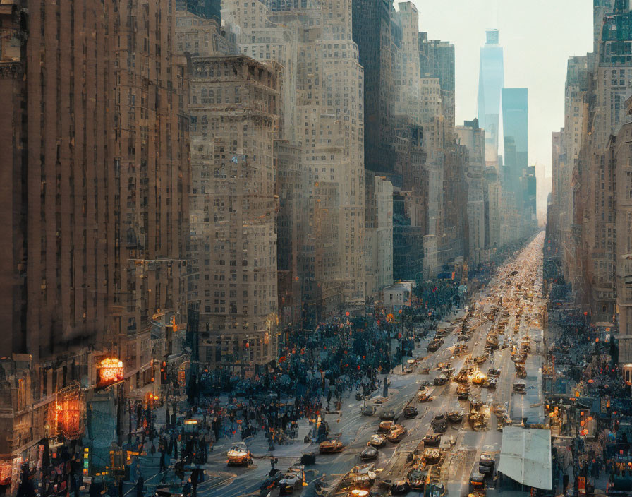 Busy city street with traffic, pedestrians, high-rise buildings, and orange glow.