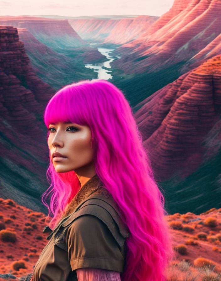 Vibrant pink-haired woman at river canyon in warm hues