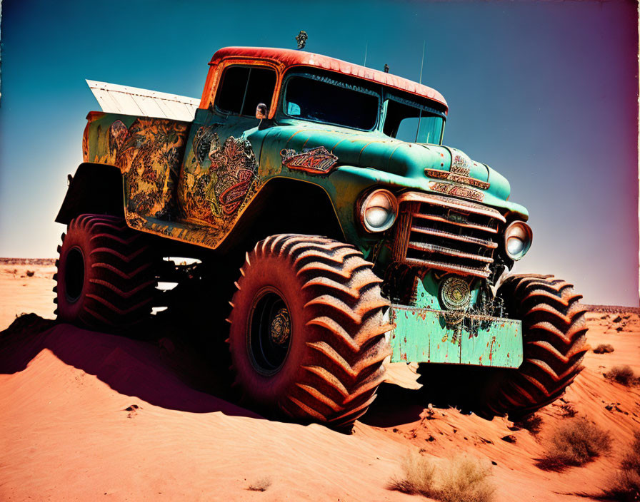 Vintage Truck with Large Treaded Tires and Colorful Artwork in Desert Landscape